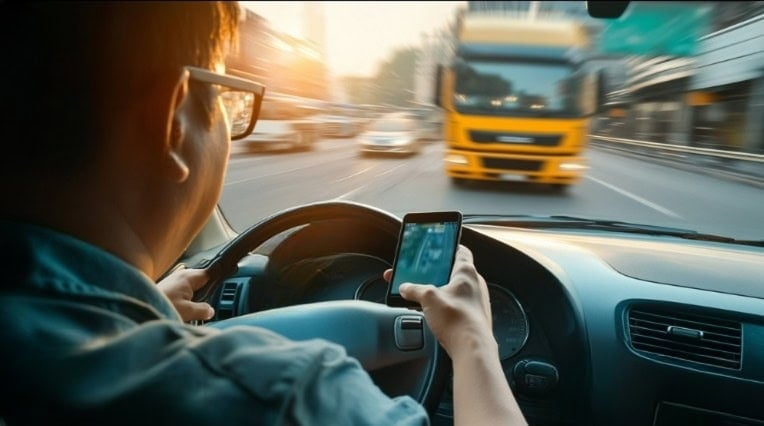 Driver texting on phone while driving as oncoming truck approaches in busy traffic scene.