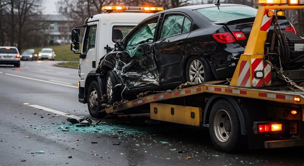 Flatbed truck accident with a damaged car being towed on a flatbed truck.