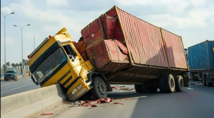 Improperly loaded cargo truck accident, semi crashes into barrier, container tipping over