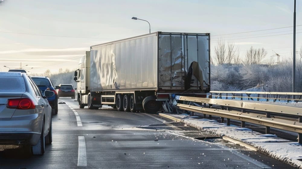 Jackknife accident causing traffic disruption on the highway with a truck and cars.