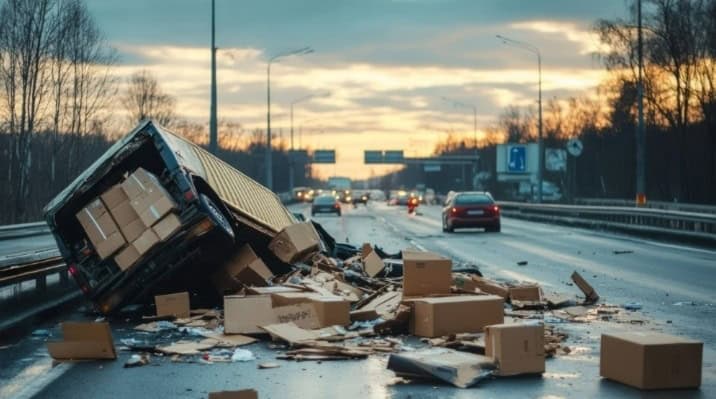 Overturned delivery truck spills boxes across highway after crash with passing cars.