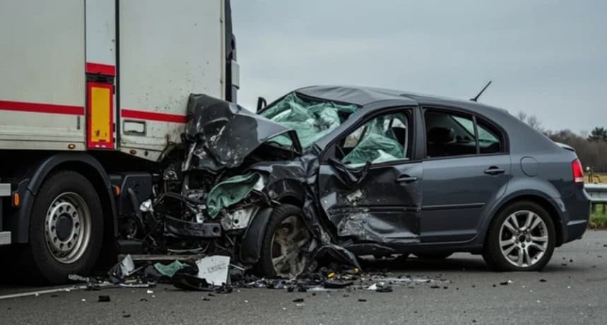Severe truck accident with crushed sedan front-end collision and debris on highway.
