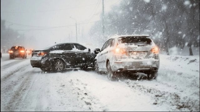 Two cars collide on snowy road during heavy snowfall with reduced visibility