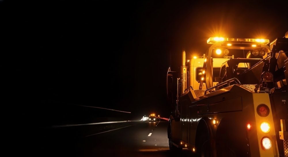 Tow truck accident scene at night with flashing lights on a dark highway road.