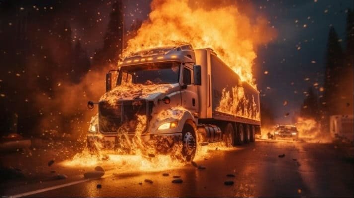 Truck engulfed in flames after crash on highway with fire debris and smoke scene.