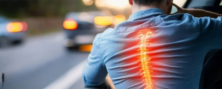 Man with spine injury pain after truck accident on road with traffic background scene.