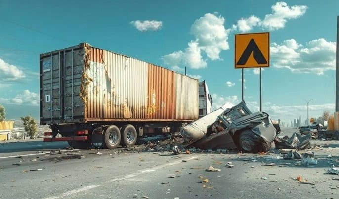 Severe truck accident with crushed car under trailer near warning road sign ahead.