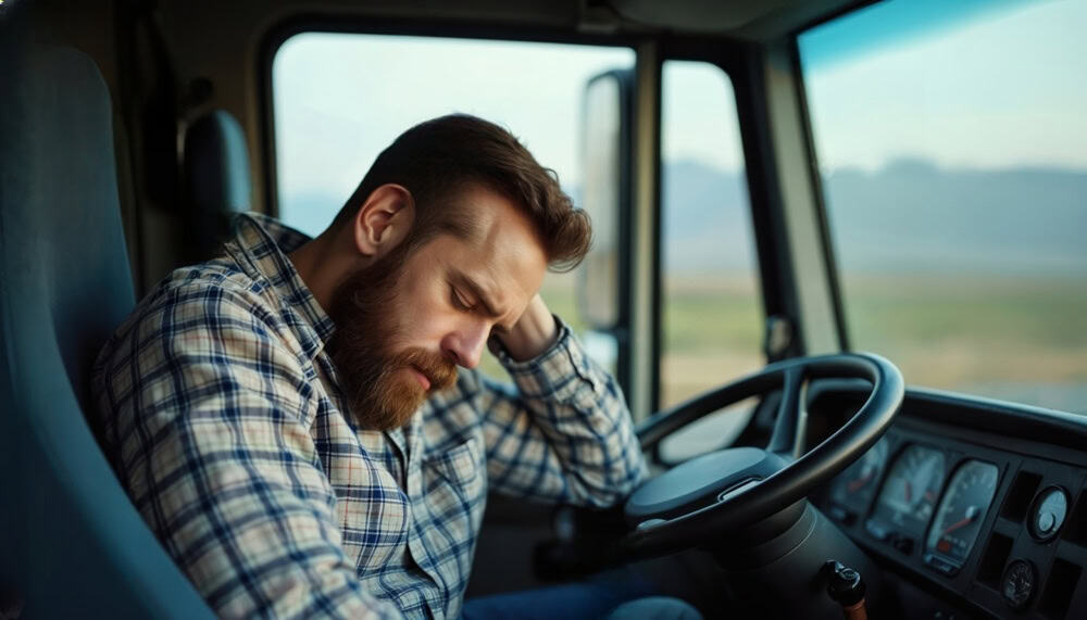 Truck driver exhibiting fatigue behind the wheel, emphasizing the dangers of truck driver fatigue.