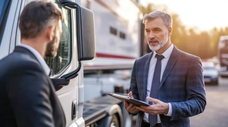 Lawyer discussing truck accident details with driver at a trucking company site
