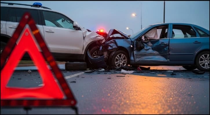 Two-car collision on wet road with hazard sign and police lights visible
