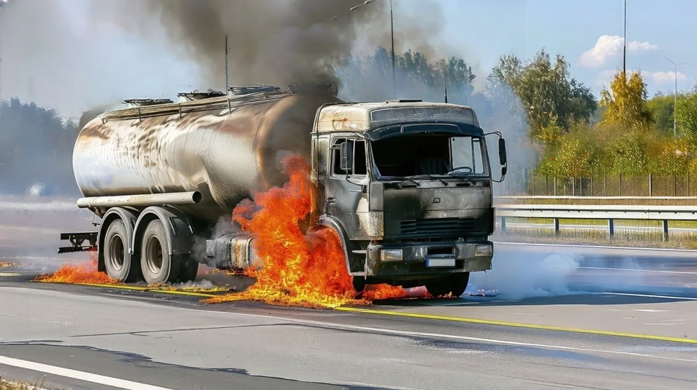 Tanker truck accident with flames and smoke on the highway causing danger.