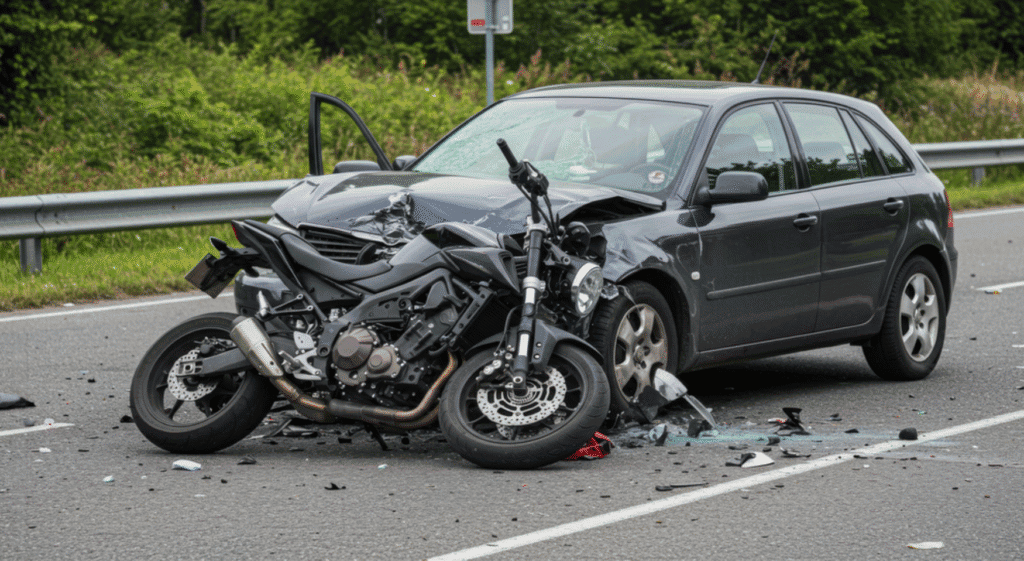 Car and motorcycle collision on road