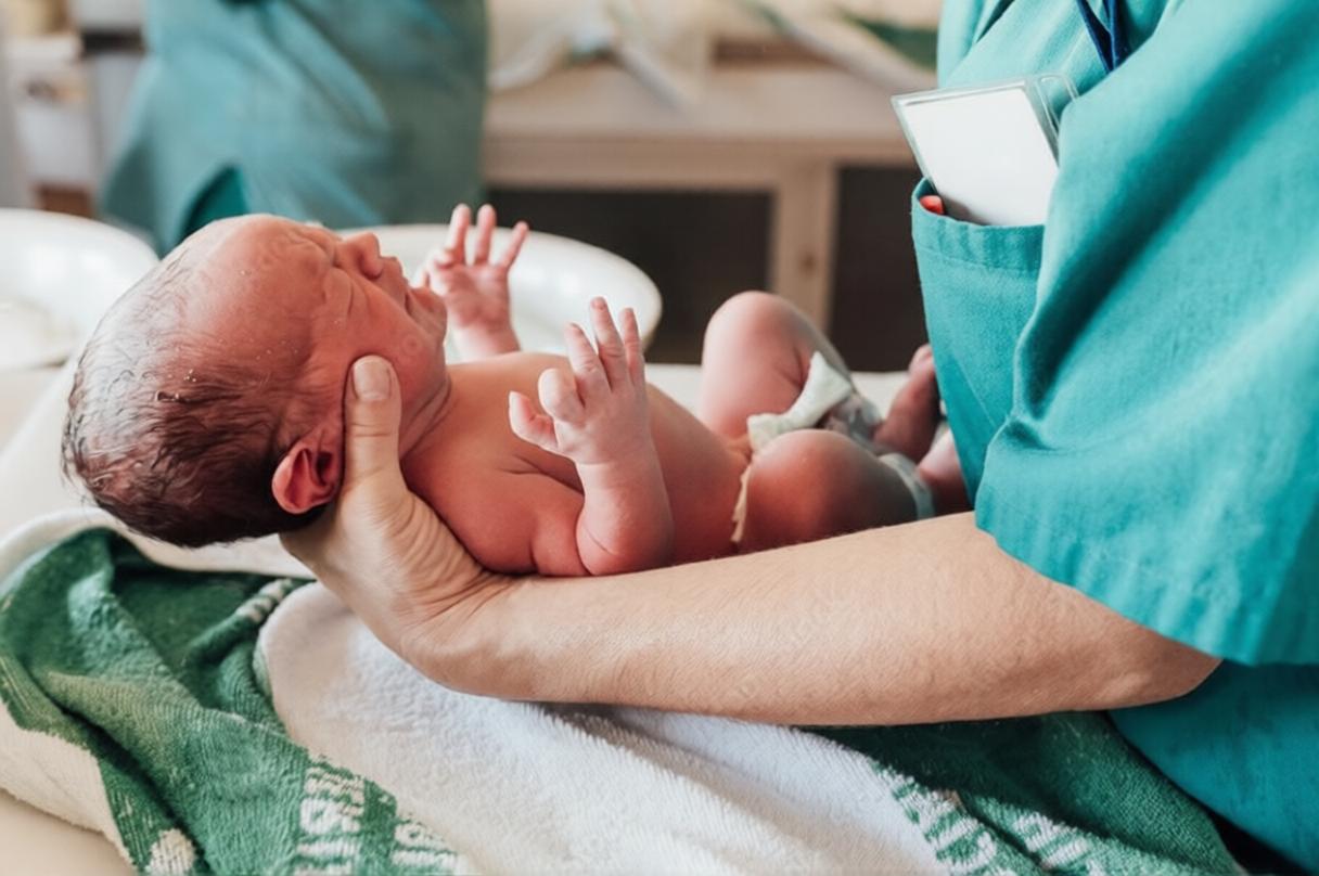Medical professional holding and examining a newborn baby in a hospital delivery room.