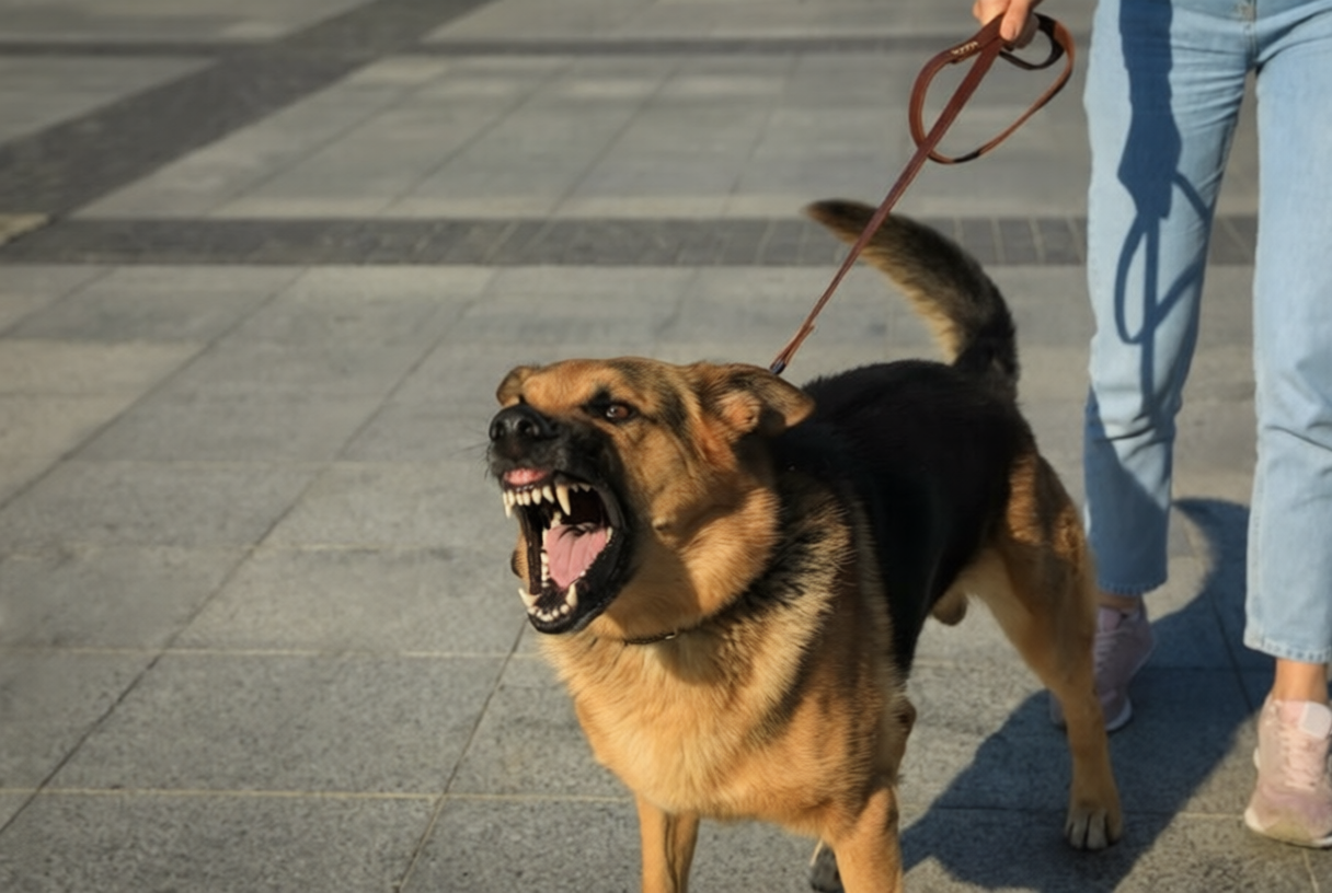Aggressive dog barking and lunging while being restrained on a city walkway.