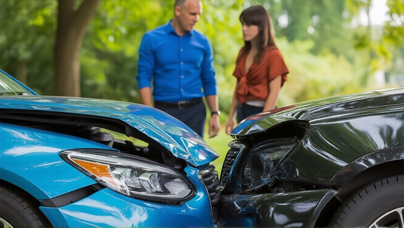 Two cars with front-end damage after a collision, with people inspecting the accident scene.