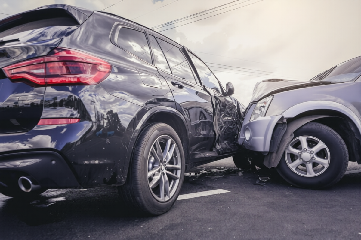 Car Accident Settlement image showing two damaged vehicles after a collision on a New York roadway.