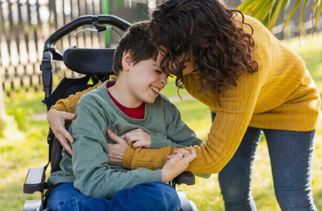 Mother comforting a child in a wheelchair, representing cerebral palsy care and long-term quality of life support.