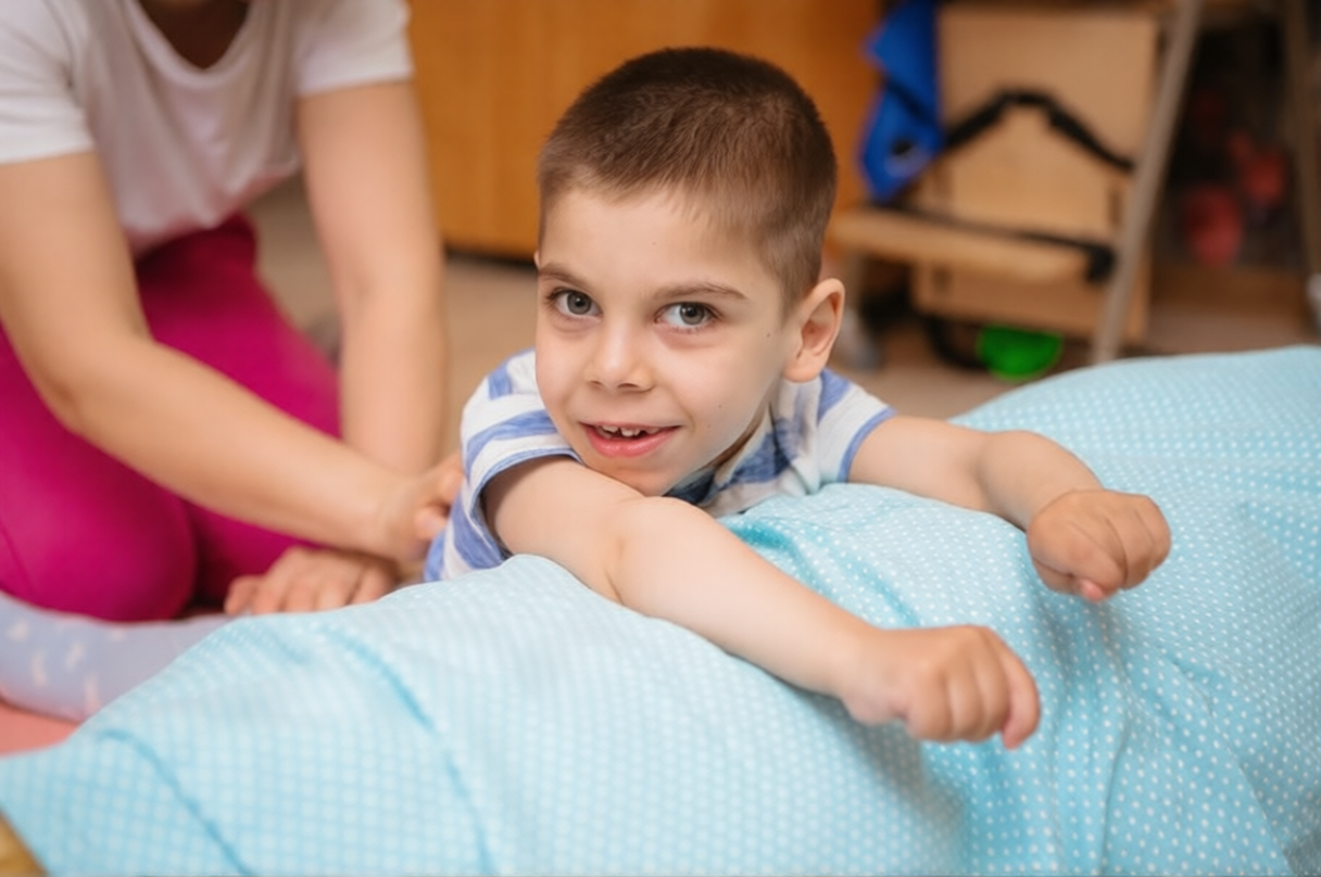 Young child with cerebral palsy participates in supportive physical therapy with caregiver assistance.