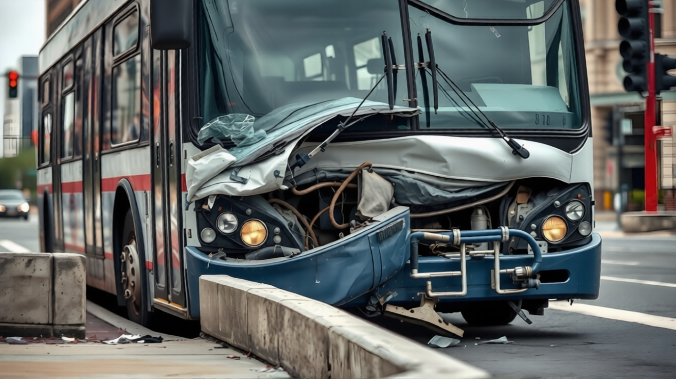 Damaged city bus crashed into roadside barrier at busy urban intersection scene.