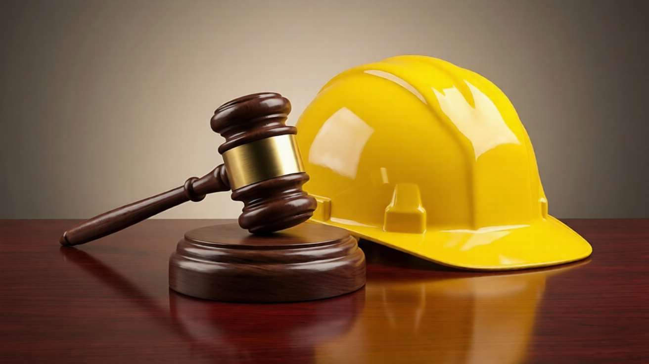 Gavel and yellow hard hat symbolizing legal support for construction accident claims.