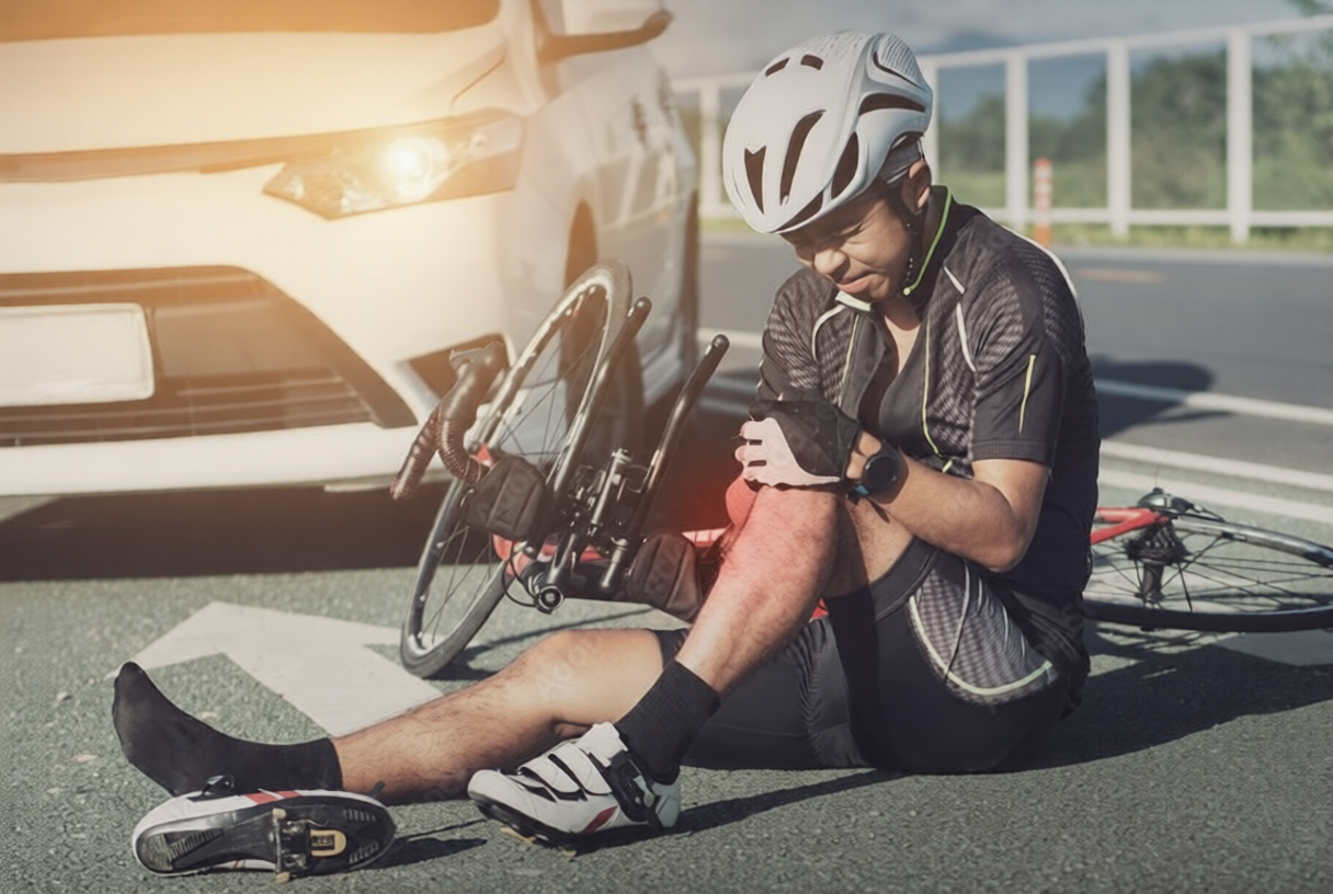 Cyclist sitting on the road, holding his knee in pain after a collision with a car, showing a bike accident injury.