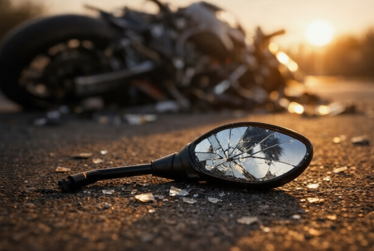 Broken motorcycle mirror on road after crash with damaged bike in background