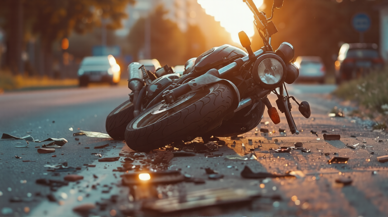 Motorcycle accident scene with damaged bike and debris on city street at sunset