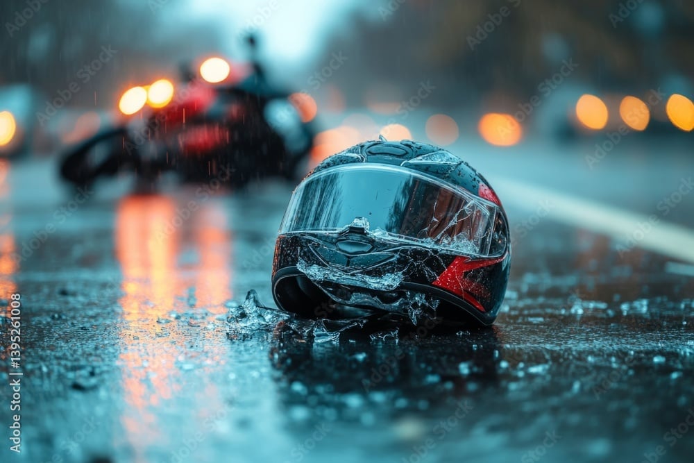 Motorcycle crash helmet on wet road after accident during rainy evening