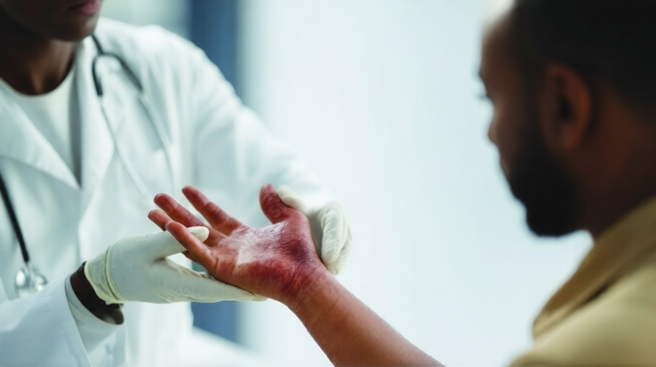 Doctor examining severe burn injury on patient’s swollen and reddened hand.