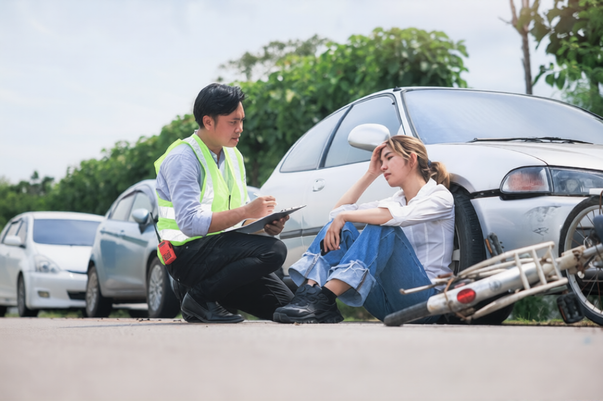 Injured cyclist sitting beside damaged bicycle while receiving roadside assistance.