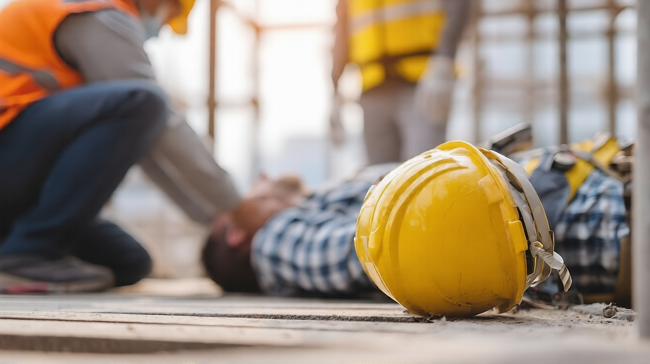 Injured worker at construction site in Syracuse receiving medical attention