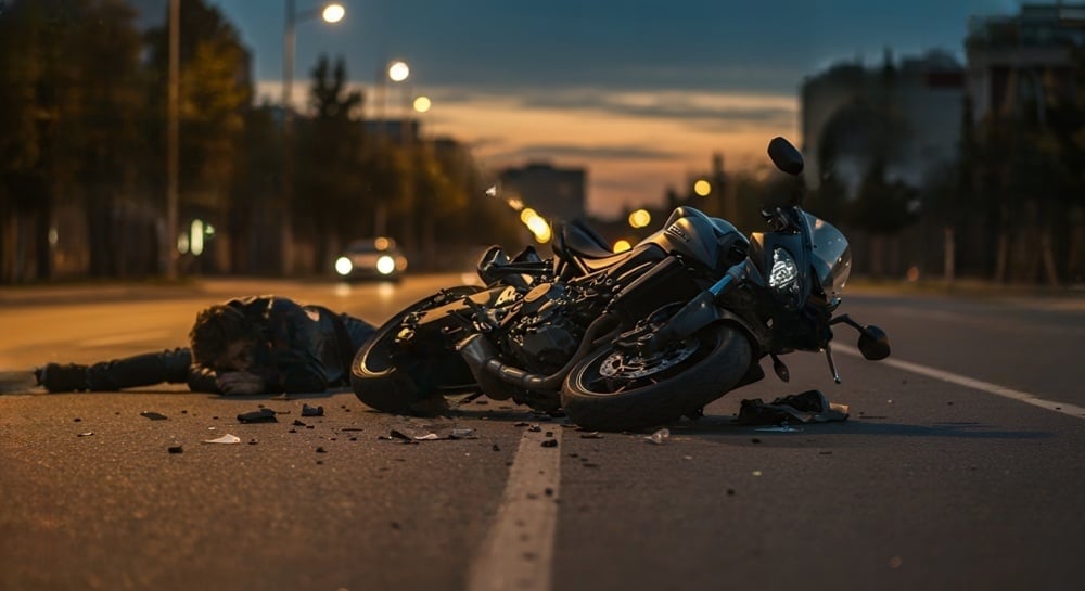 Motorcycle accident scene with fallen rider and damaged bike on city street at dusk