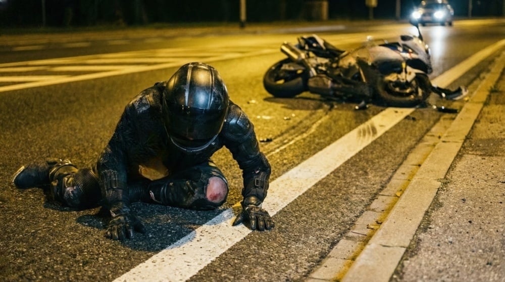Motorcycle accident rider injured on highway beside crashed sport bike at night