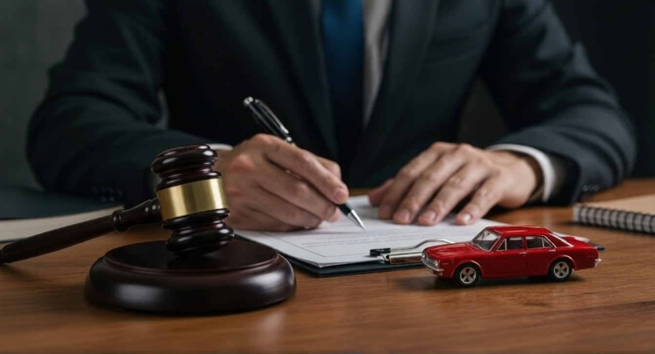 Attorney reviewing car accident claim beside gavel and red vehicle model.