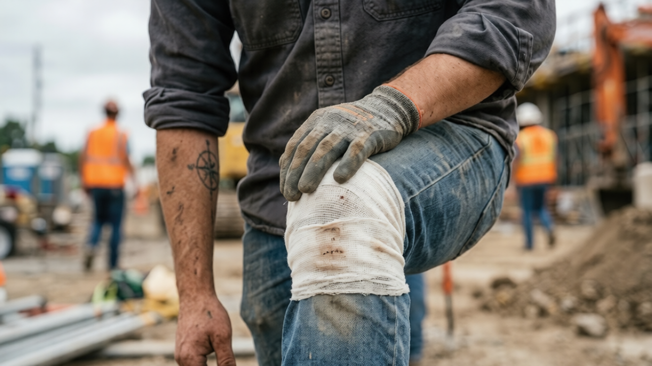Worker with bandaged knee after construction accident at active building site.