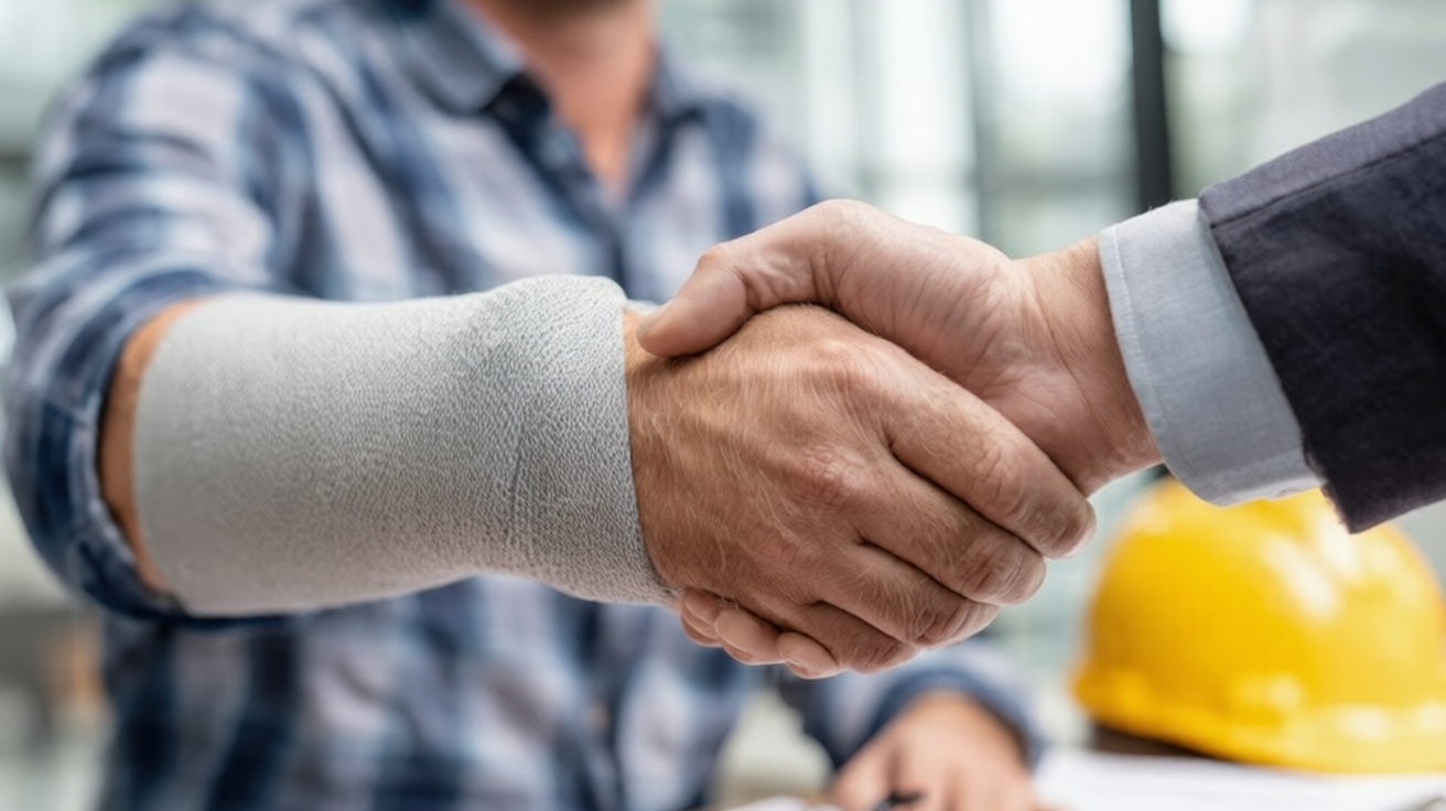 Construction accident lawyer meeting injured worker during claim consultation.