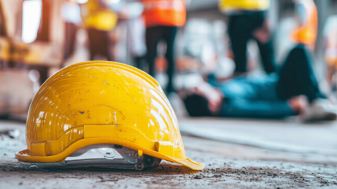 Hard hat near injured worker after construction accident inside worksite.