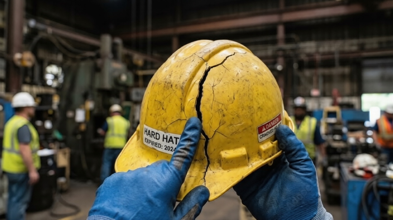 Worker holds cracked hard hat in industrial workplace, highlighting safety risks.