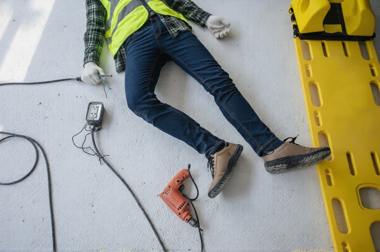 Worker after electrical accident with drill, cables, and rescue stretcher nearby.