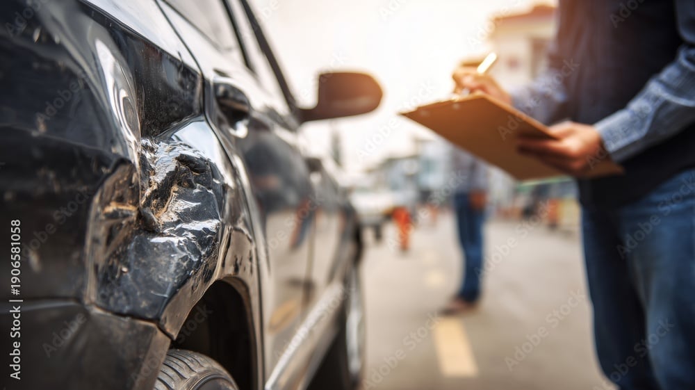 Minor car accident damage being documented by an insurance adjuster roadside.