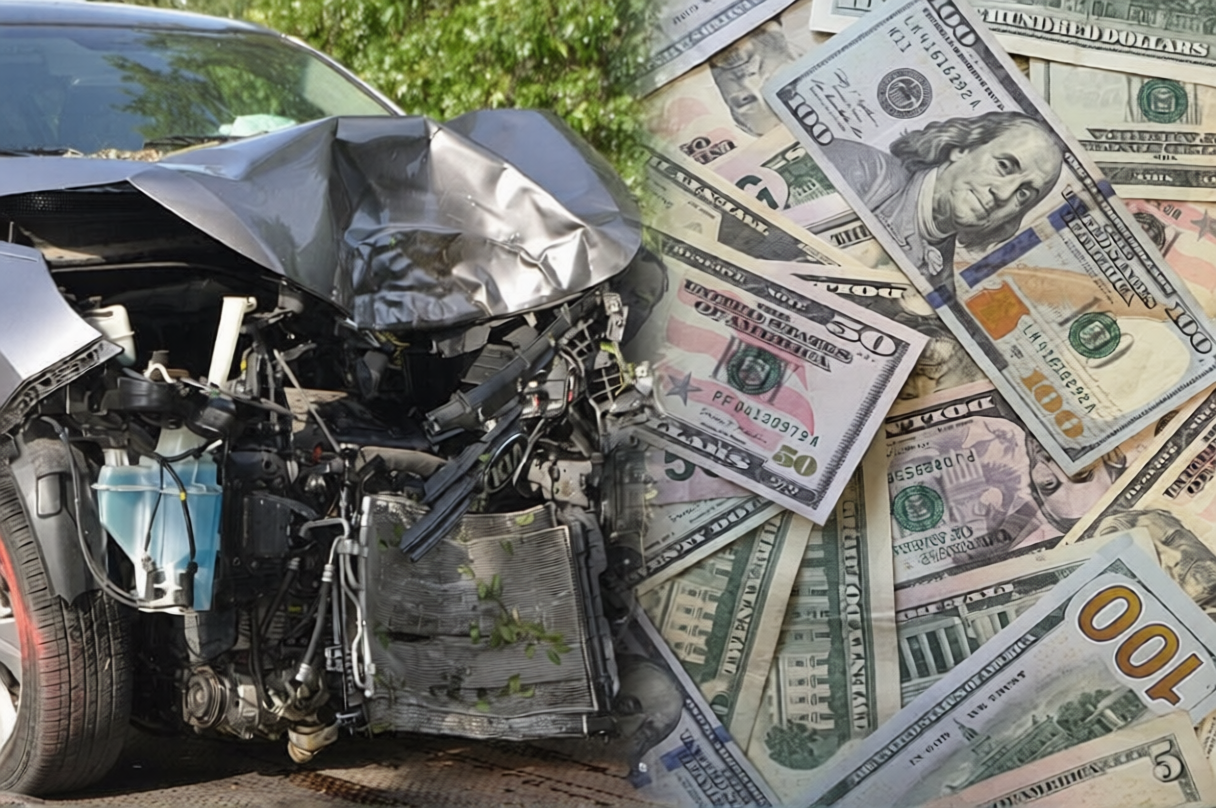 Severely damaged vehicle beside cash, symbolizing car accident injury compensation.