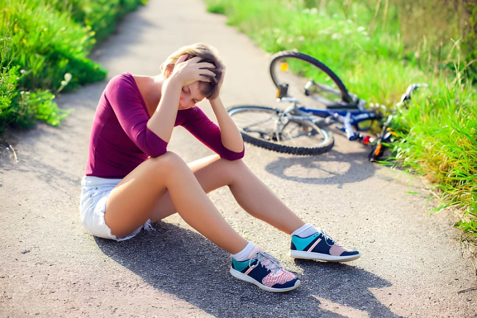 A person holding their head in pain while sitting on the ground next to a bicycle